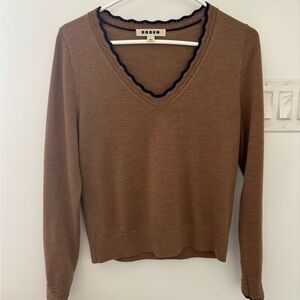 Boden Women's Brown V-Neck Sweater with Black Trim